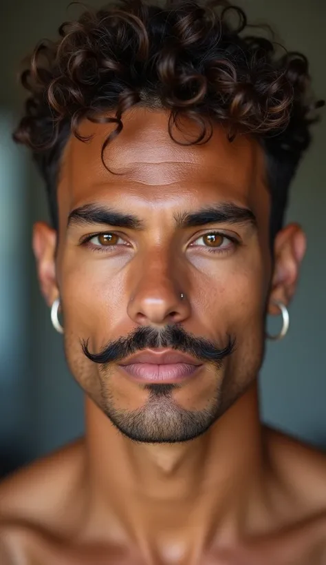  a left earring {x} a man with tanned Brazilian skin {x}, A goat  +  a well-sized mustache ,  curly frizzy hair ,  almond-shaped brown eyes ,  trimmed eyebrows ,  a nose and helix piercing ,  a left earring 