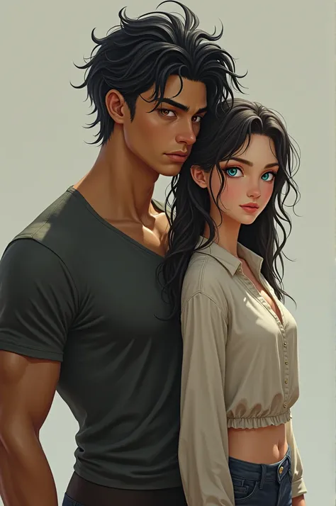  A tall boy with dark hair and piercing eyes,  muscular but not too , next to him a short girl , dark haired,  with a light blue eye and a light brown eye , with a slender figure