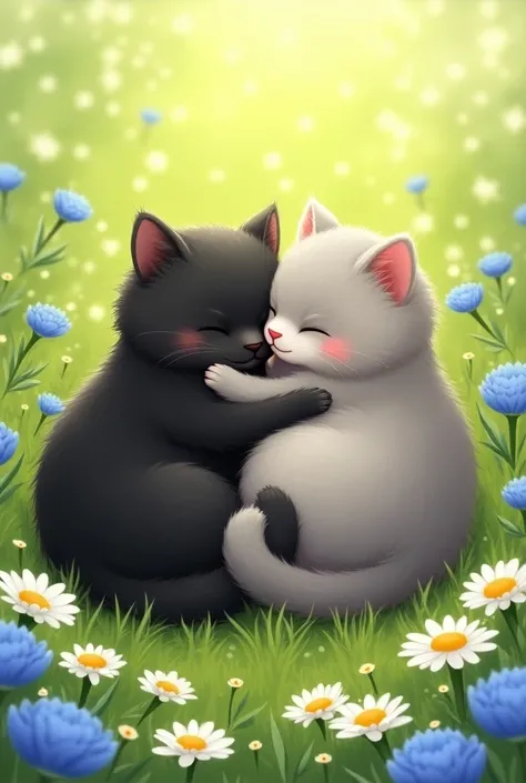 A black fat cat lies hugging a gray fat cat in a meadow where daisies and cornflowers bloom in anime style