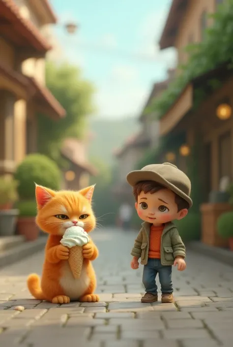 A little orange cat is eating ice cream from its hand A little man is walking angrily on the road with nothing in his hand