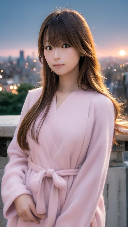  A beautiful portrait of a Japanese woman staring at the city at dawn 。Long blond hair fluttering in the morning breeze 、 shines gently when illuminated by the first sunlight 。She has a calm look、 Her eyes are quiet and calm looking at the city in the dist...