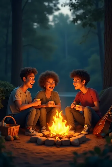 Two friends and a friend sitting making a bonfire 