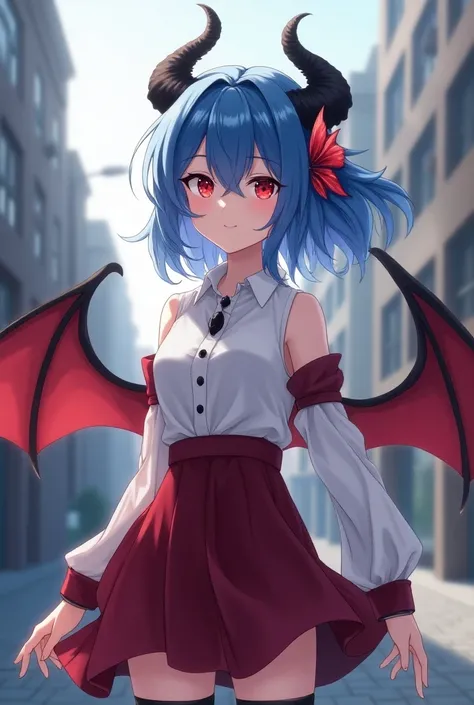 An anime girl with blue hair and horns， in a white shirt ，Dragon Wings，Street Scene， Cinematic Lighting ，（ best quality ，4K，8k， High Res，masterpiece：1.2），Red pupil, The cuffs and skirt are dark red ,  There is a red butterfly hairpin on the side of the ear...