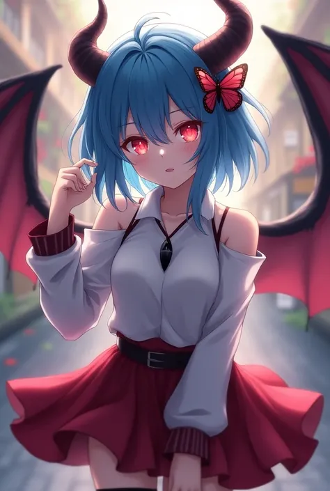 An anime girl with blue hair and horns， in a white shirt ，Dragon Wings，Street Scene， Cinematic Lighting ，（ best quality ，4K，8k， High Res，masterpiece：1.2），Red pupil, The cuffs and skirt are dark red ,  There is a red butterfly hairpin on the side of the ear...