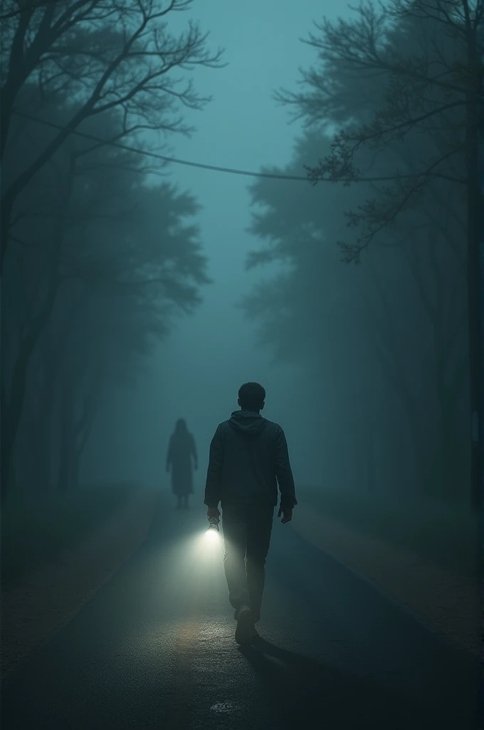 A man walking cautiously down an empty, dark road, holding a flashlight. His face is tense, and he looks ahead, sensing something wrong. The background is foggy, and in the distance, a figure in a white sari can be seen faintly emerging from the mist