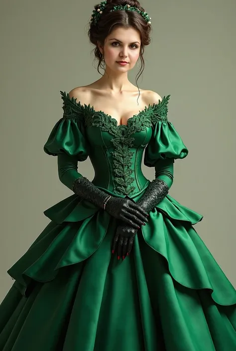  create an image dressed in a green Victorian outfit with a wide skirt , with a green corset and with black gloves and the face must be the same as that of the characters reference