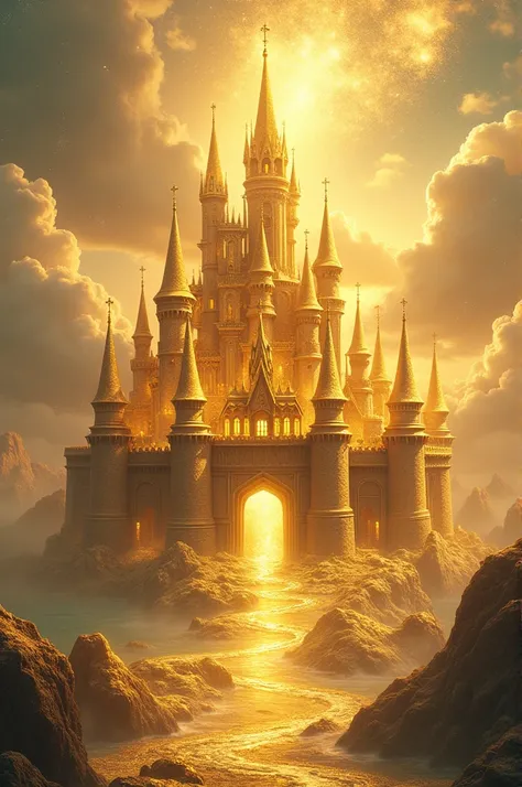  A golden castle with white and blue ,  shining lights coming out from inside the castle , in a heavenly kingdom ,  the golden streets and crystal sea the castle and the sky with clouds, Let it be with a wide view of the castle