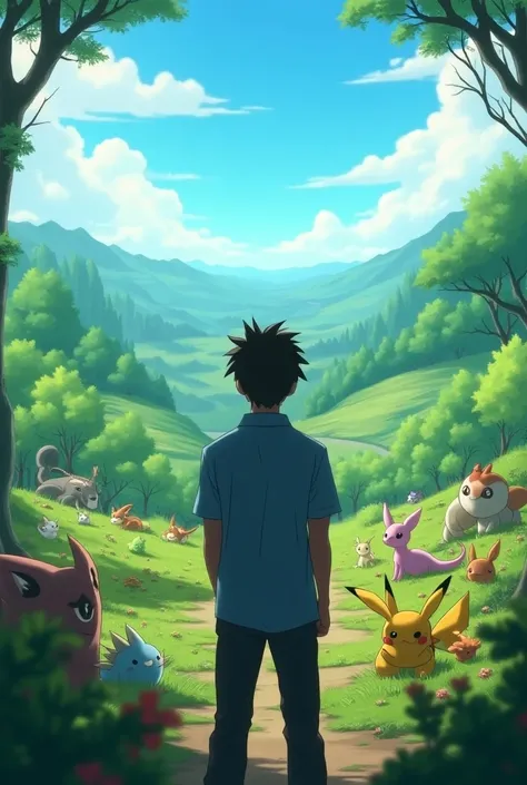 A YouTube thumbnail with a person behind the back in a landscape with Pokémons 