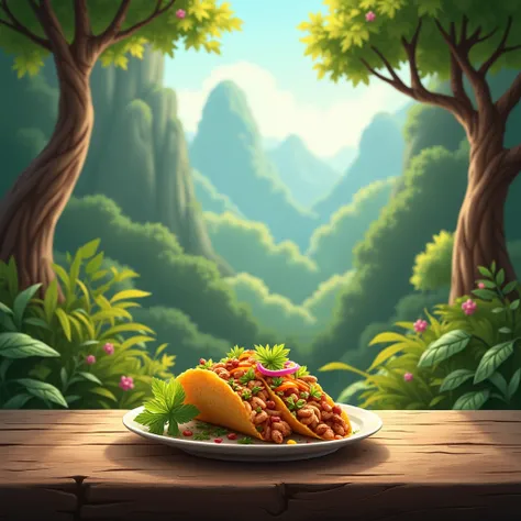 Create a landscape that is a nutaraleza with a wooden table in the background and that on the table there is a taco on top of a plate that shows less nature and more objects