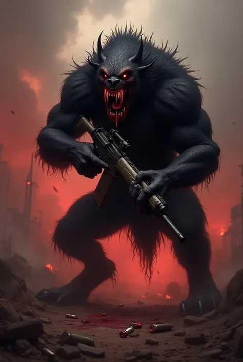 Black color Bloody beast holding automatic rifle 