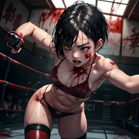 a (bloody) cute japanese high school student girl fighter is fighting in the octagon fighting ring of underground arena with aud...