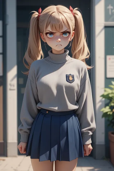 Tsundere　Twintails　Cat Eyes　Miniskirt　Gray Sweater　 navy blue skirt　Student Uniform　 panchira 　 ashamed　