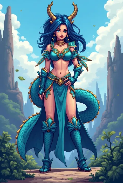 pixel art rpg character female wearing blue serpent dragon set, 