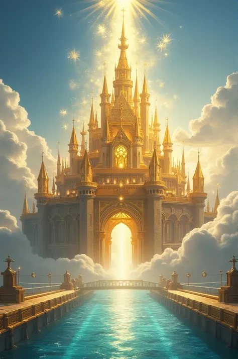  A golden castle with white and blue ,  shining lights coming out from inside the castle , in a heavenly kingdom ,  the golden streets and crystal sea the castle and the sky with clouds with a wide view of the golden castle, clouds and the divinely beautif...