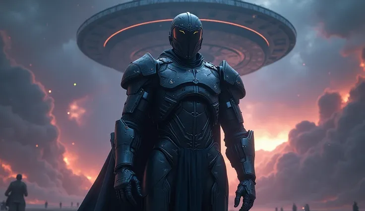 Create a Galactic Emperor with an appearance that resembles a Knight of the Void, create a technological suit for him ,  he must be standing with his arms back ,  with a galaxy in the background with a large spaceship above the galactic background ,  his f...