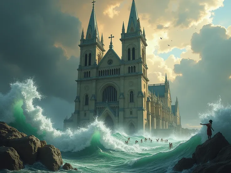 generate a reinterpretation of Michelangelos painting of the Flood with a modern concept offering the church as salvation