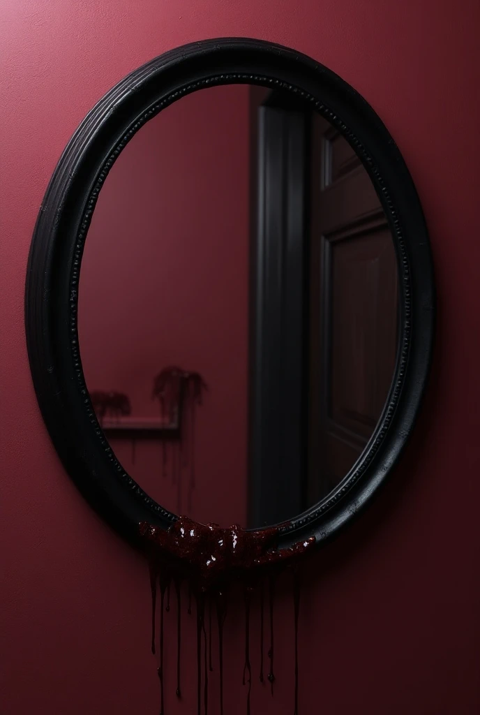 Make a circular mirror in the front with black edges without textures and blood dripping from this one, On the wall behind the mirror it has to be dark pink 