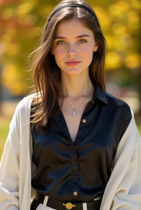 A picture of a young 20 year old German woman with radiant complexion and brunette, well-groomed hair, hair band. Her eyes are light colored, accentuated with natural make-up and mascara. She wears a subtle pink lipstick. Necklace, Her outfit consists of a...