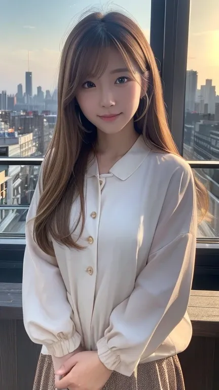  light brown hair 、 clear beauty、Hairstyle: Medium long、 comments、Ear Piercing、、smile、 beautiful alignment of teeth、 intricate detail ,  very detailed:1.2), 、  staring at the camera 、 The background is a coffee shop、 A beautiful portrait of a Japanese woma...