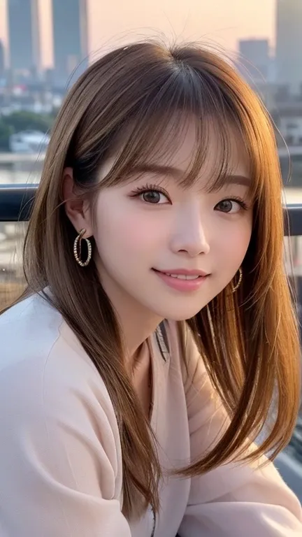  light brown hair 、 clear beauty、Hairstyle: Medium long、 comments、Ear Piercing、、smile、 beautiful alignment of teeth、 intricate detail ,  very detailed:1.2), 、  staring at the camera 、 The background is a coffee shop、 A beautiful portrait of a Japanese woma...