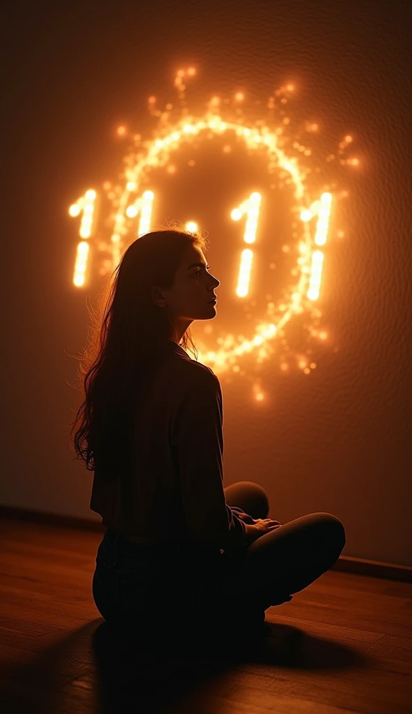 An individual in quiet reflection, looking at the 11:11 time on the digital clock, conveying a sense of introspection. This person is surrounded by a warm, radiant glow as if inspired or uplifted, symbolizing the act of visualizing dreams and manifesting w...