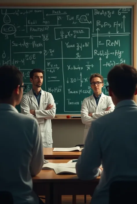 Give me a class about all the scientists who are looking in front, that the blackboard is behind them, but I am looking at the front, that the blackboard has all the scientific notations that scientists are paying attention to the front The blackboard that...