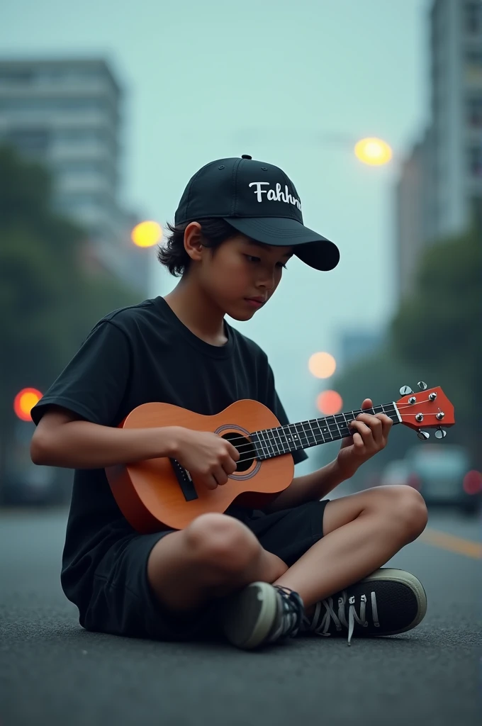 Indonesian man aged 15 wearing shorts wearing black t-shirt wearing sneakers wearing baseball cap with inscription FAKHRI playing ukulele guitar while sitting under traffic light on deserted street face appears to look at camera