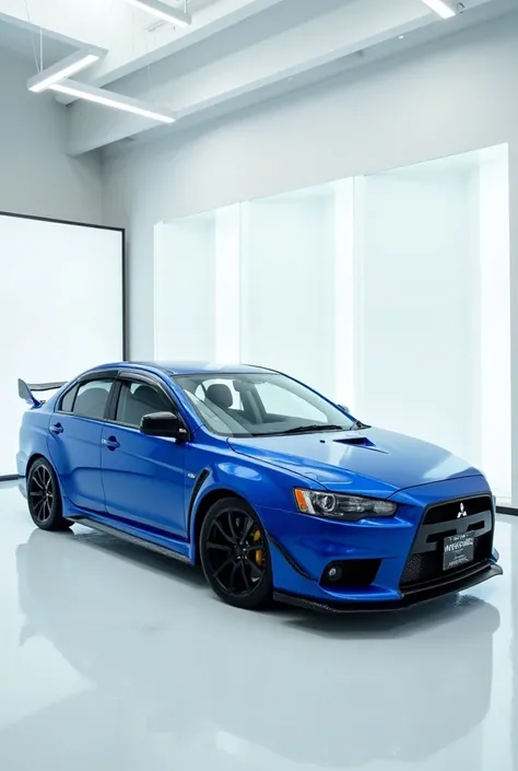 A single side view of 2025 Mitsubishi lancer Evo in blue colour in showroom write name on number plate