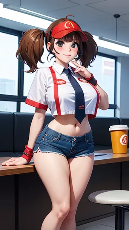 1girl, 8k, cowboy shot, dabuchi_tabemi, visor cap, headset, blush stickers, front view,  18 year old girl((Grasp your breasts with both hands))、A slight smil、Sexy Posing、Im sweating、Redness of cheeks、sexly, BREAK, collared shirt, employee uniform, blue sho...