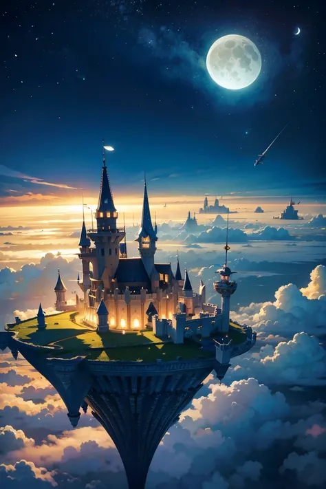 Flying isles scattered around a flying castle flying above the clouds at night with the moon illuminating the whole scene