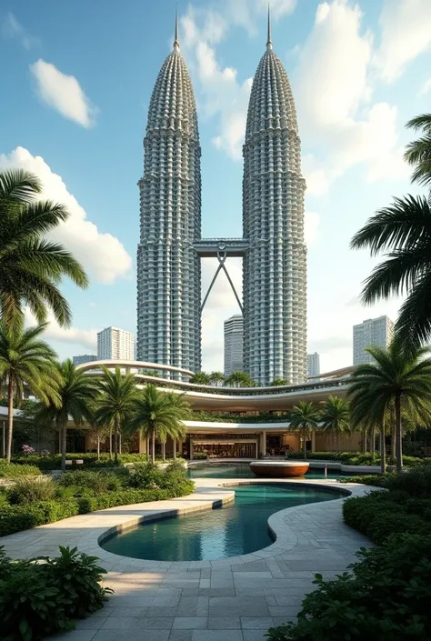 Visualize an architectural concept for a site in Pekan Kuah, Pulau Langkawi, Malaysia, surrounded by commercial shops and hotel, with views of the iconic Maha Tower. Surround the building with lush landscaping, tropical trees, and shaded walkways that crea...