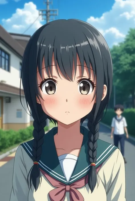 a anime girl with two braids staring at a boy at her school