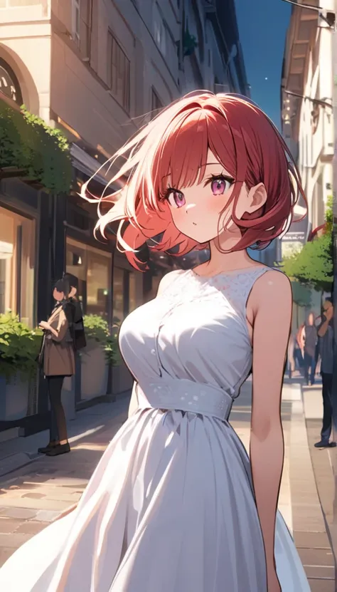 Best Quality, 1peopleの女の子, (skeindentation), (Big Breasts:1.2), (blur bacけground:0.6), (street:1.2), (people々, crowd:1), garden, day,  outdoor , ( casual yet stylish, Elegant fabric, high necけ dress:1.5), nice, (bangs,  short hair:1.5), (Floating Hair:1.2)...