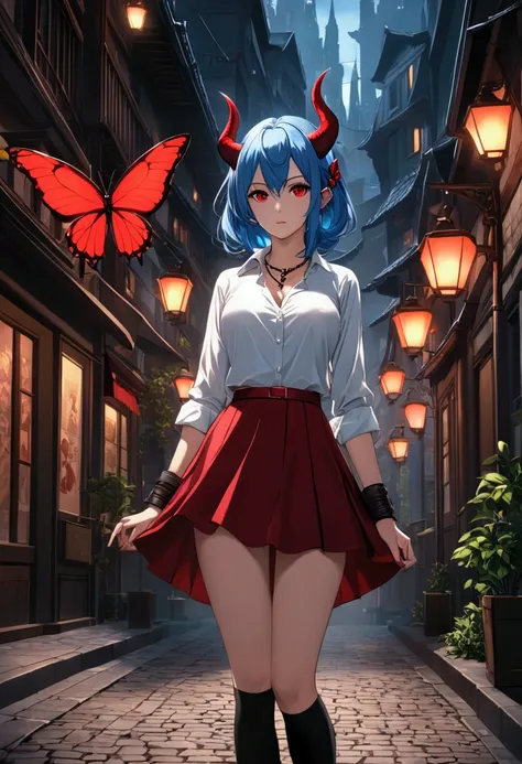 An anime girl with blue hair and horns， in a white shirt ，Street Scene， Cinematic Lighting ，（ best quality ，4K，8k， High Res，masterpiece：1.2），Red pupil, The cuffs and skirt are dark red ,  There is a red butterfly hairpin on the side of the ear, Black cryst...