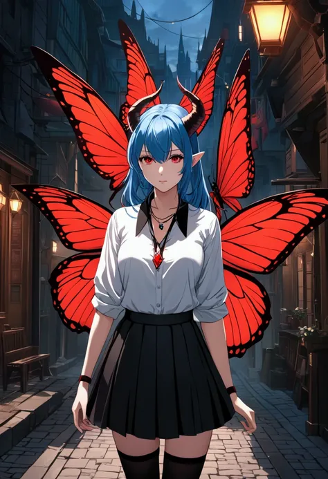 An anime girl with blue hair and horns， in a white shirt ，Street Scene， Cinematic Lighting ，（ best quality ，4K，8k， High Res，masterpiece：1.2），Red pupil, The cuffs and skirt are dark red ,  There is a red butterfly hairpin on the side of the ear, Black cryst...