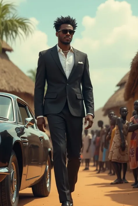 Dapo’s Arrival in the Village

A dark handsome, well-dressed man with fine curly hair arriving at a traditional African village, wearing modern designer clothes and sunglasses, standing beside a luxury car, while the villagers curiously watch him.