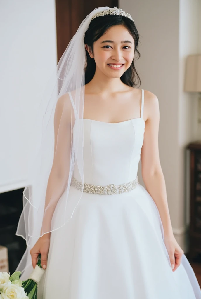 Beautiful girl, long wavy hair, strapless wedding dress, earrings, necklace, tiara, veil, bouquet 