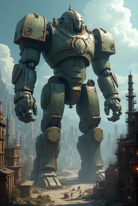 In a fantasy setting, a city developed based on magic and magical tools involving steam engines was built on the body of a colossal golem