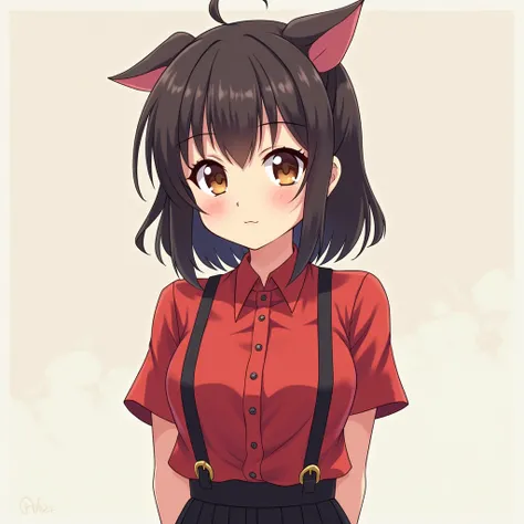  best quality , ame-chan, masterpiece, 1 , Alone,  small breasts , cowboy shot, suspenders, red shirts, 1 , 