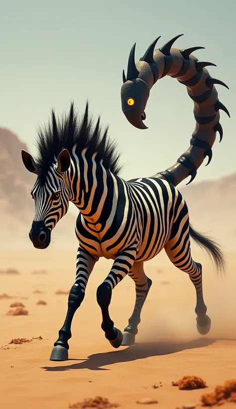 A zebra mohawk-scorpion hybrid with the agile, striped body of a zebra and a fierce, arched scorpion’s tail rising from its back. Its bold, black-and-white-striped mohawk runs down its neck, sharp and jagged, mirroring the ridged armor of its powerful, ven...