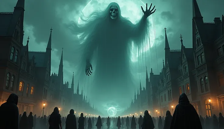 A gothic panorama shows a giant, ghostly skeleton hand shrouded in dark clouds, leading elaborately costumed Halloween revelers through the cityscape from door to door with strings held in its dead hand like a puppeteer, in keeping with Halloween tradition...