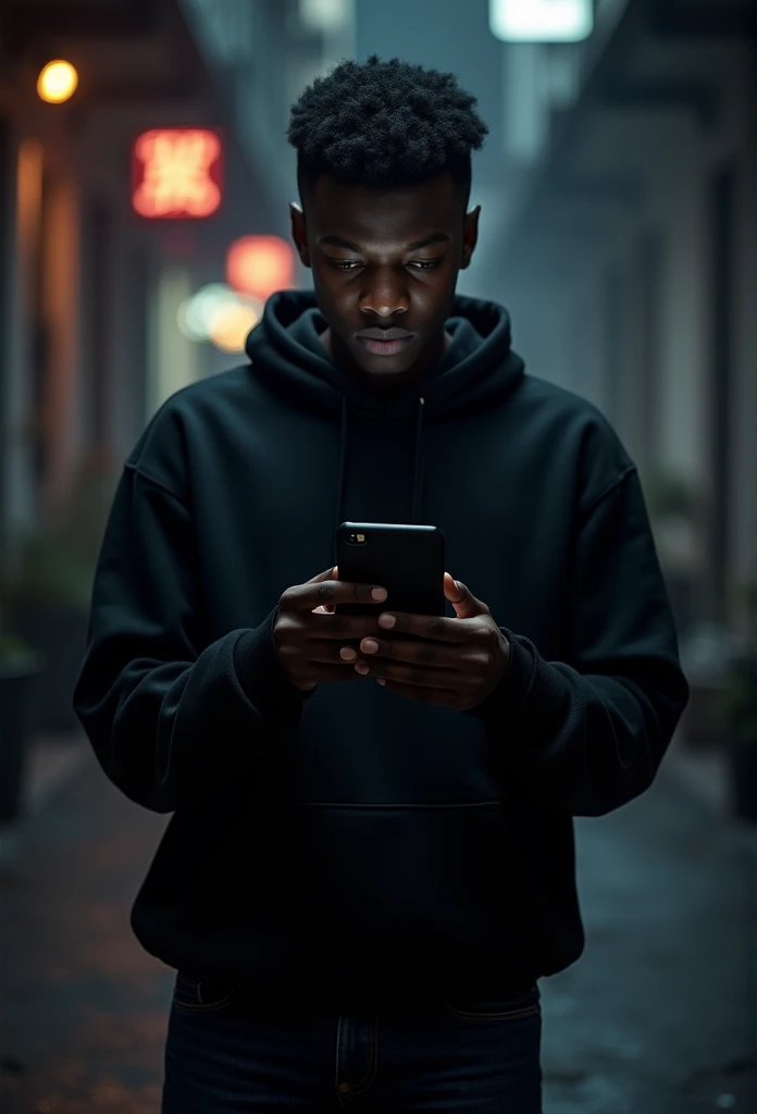  black character, with short black hair. Wears black sweatshirt and jeans.  uses a black cell phone with a large screen and hacker sticker.  is standing on a dark street ,  looking at the cell phone .