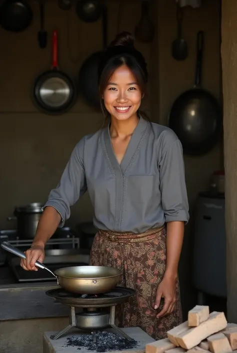 hyperrealistic full ultra HD 16k quality photos, a beautiful Indonesian woman aged 30 years, half-bun hair, wearing a gray kebaya, brown woven sarong with batik motif and flip-flops, was sitting in a dirty kitchen with a dirt floor, apparently cooking usin...