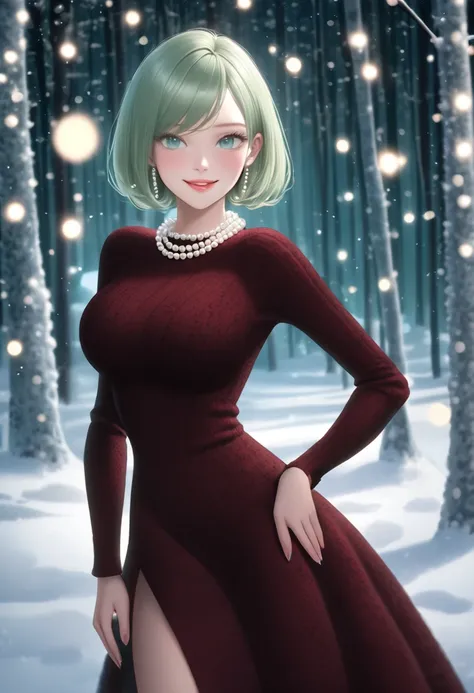 Cute women,  Prada bob, pearl earrings, pearl necklace, red and black handmade knitted dress. large bust. stilettos. seagreen eyes. Enchanting smile. Bubbly, happy, perky personality, a slim and trim waist with curvaceous fit figure walking in a Winter won...