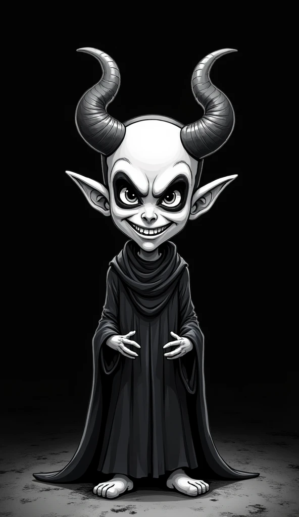 Dajjal, the devil, black background, white art, full view, cartoon, small size view,