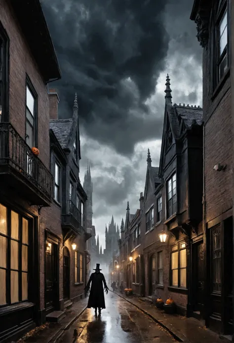 A gothic panorama shows a giant, ghostly skeleton hand shrouded in dark clouds, leading elaborately costumed Halloween revelers through the cityscape from door to door with strings held in its dead hand like a puppeteer, in keeping with Halloween tradition...