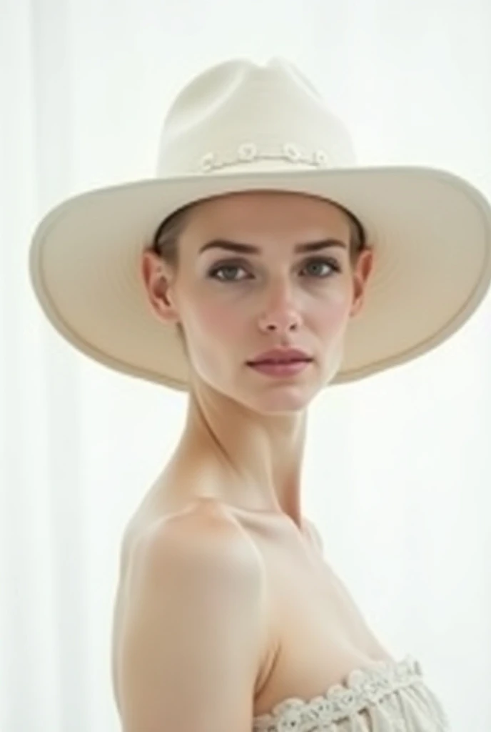 A portrait on a white background in the foreground of a hairless woman wearing a cream-colored ranch hat