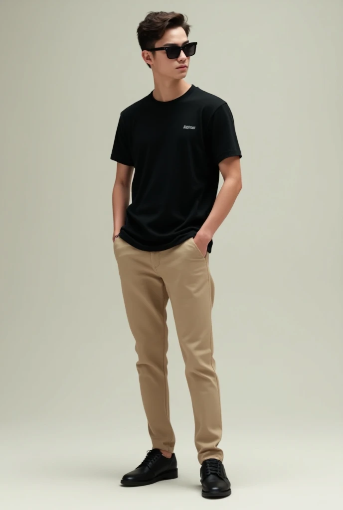 Boy with Beige color trouser , with black t shirt and wear black  shoes .with black sunglasses 

