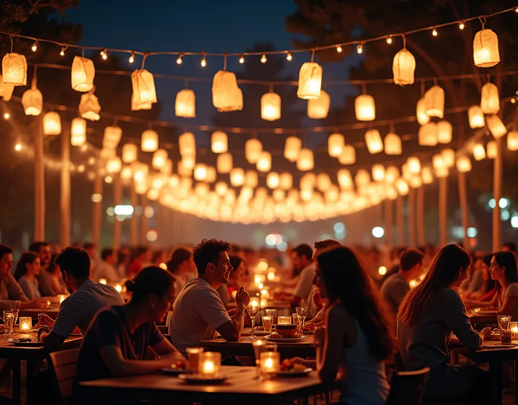  Lots of lanterns are displayed overhead, The gentle light of the lanterns , Lots of tables ,  Lots of couples and parents and ren ,  enjoying food and drink ,  happy expression, Dark Night:1.3