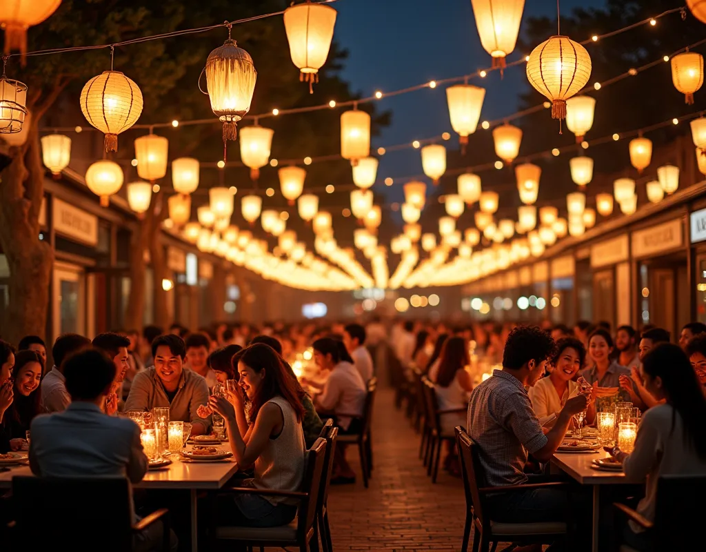  Lots of lanterns are displayed overhead, The gentle light of the lanterns , Lots of tables ,  Lots of couples and parents and ren ,  enjoying food and drink ,  happy expression, Dark Night:1.3